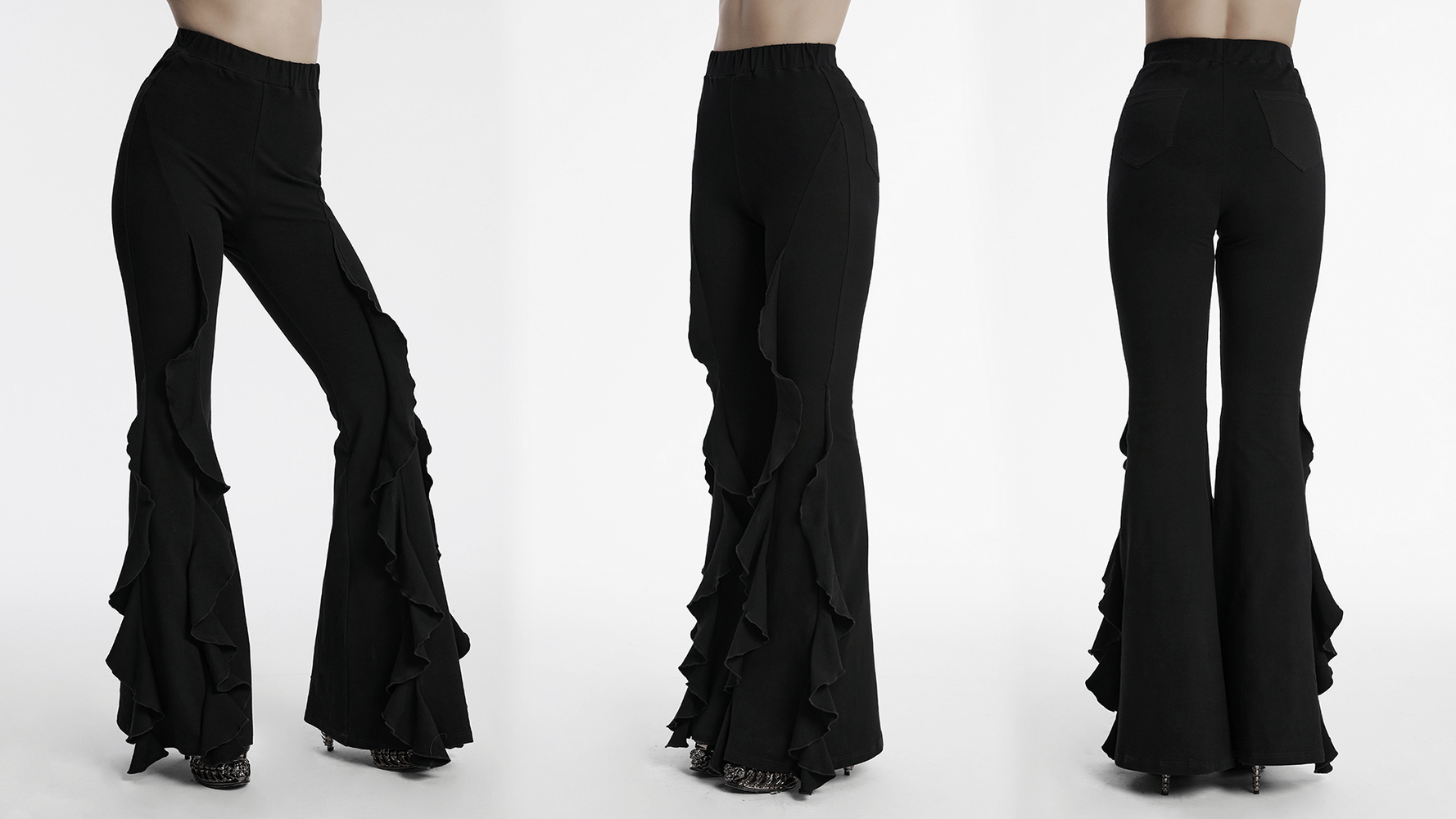 Women's black flare pants with dramatic ruffle trim, perfect for gothic style outfits.