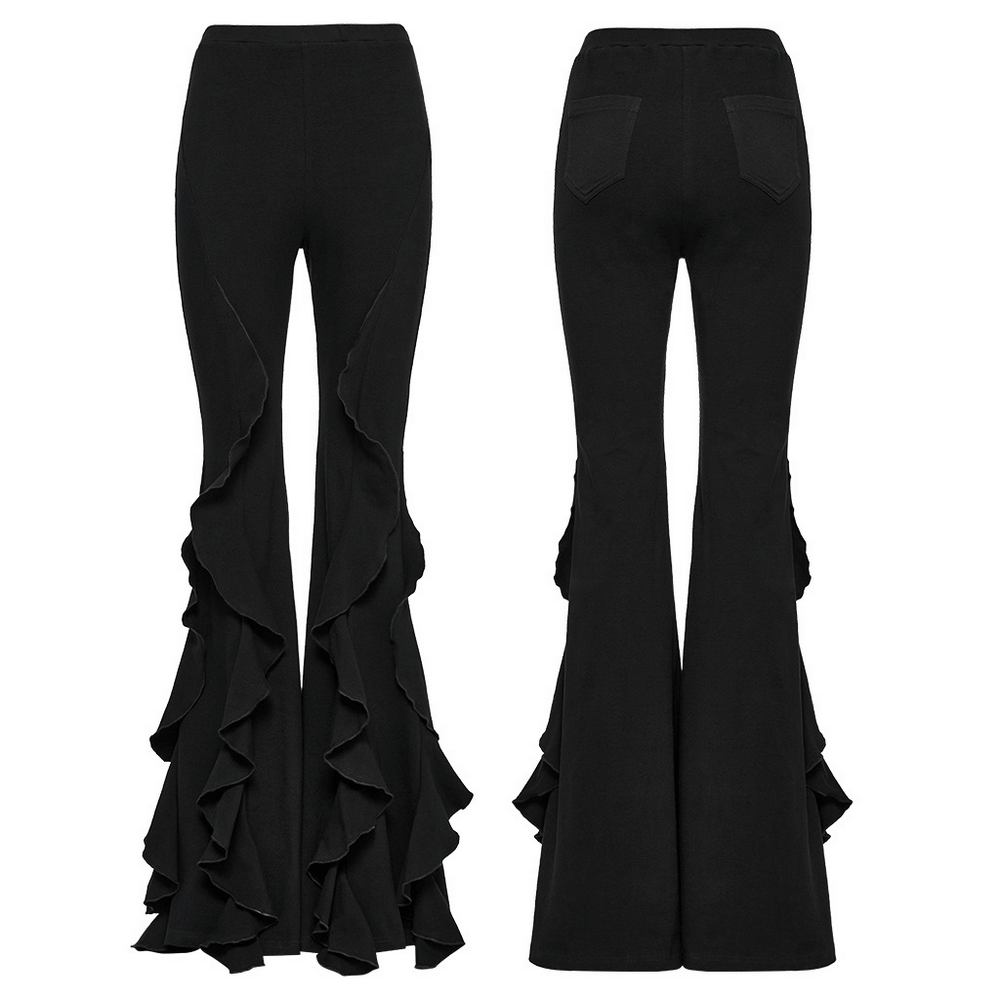 Women's black flare pants with dramatic ruffle trim for a gothic style. Edgy, retro vibe in elastic fabric.