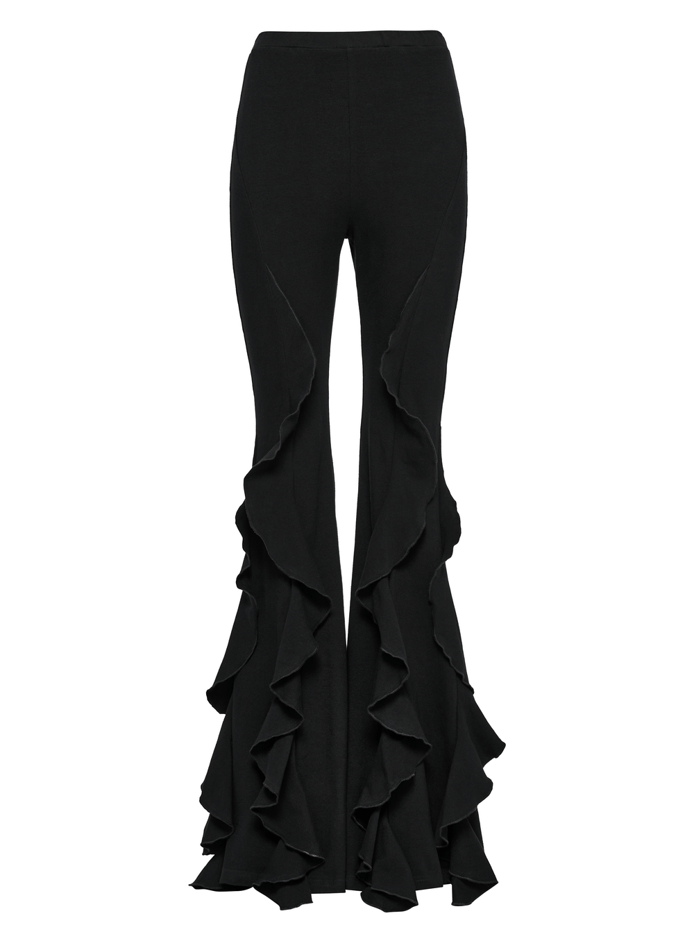 Women's black ruffle trim flare pants in Gothic style, featuring dramatic ruffles and a flattering fit.