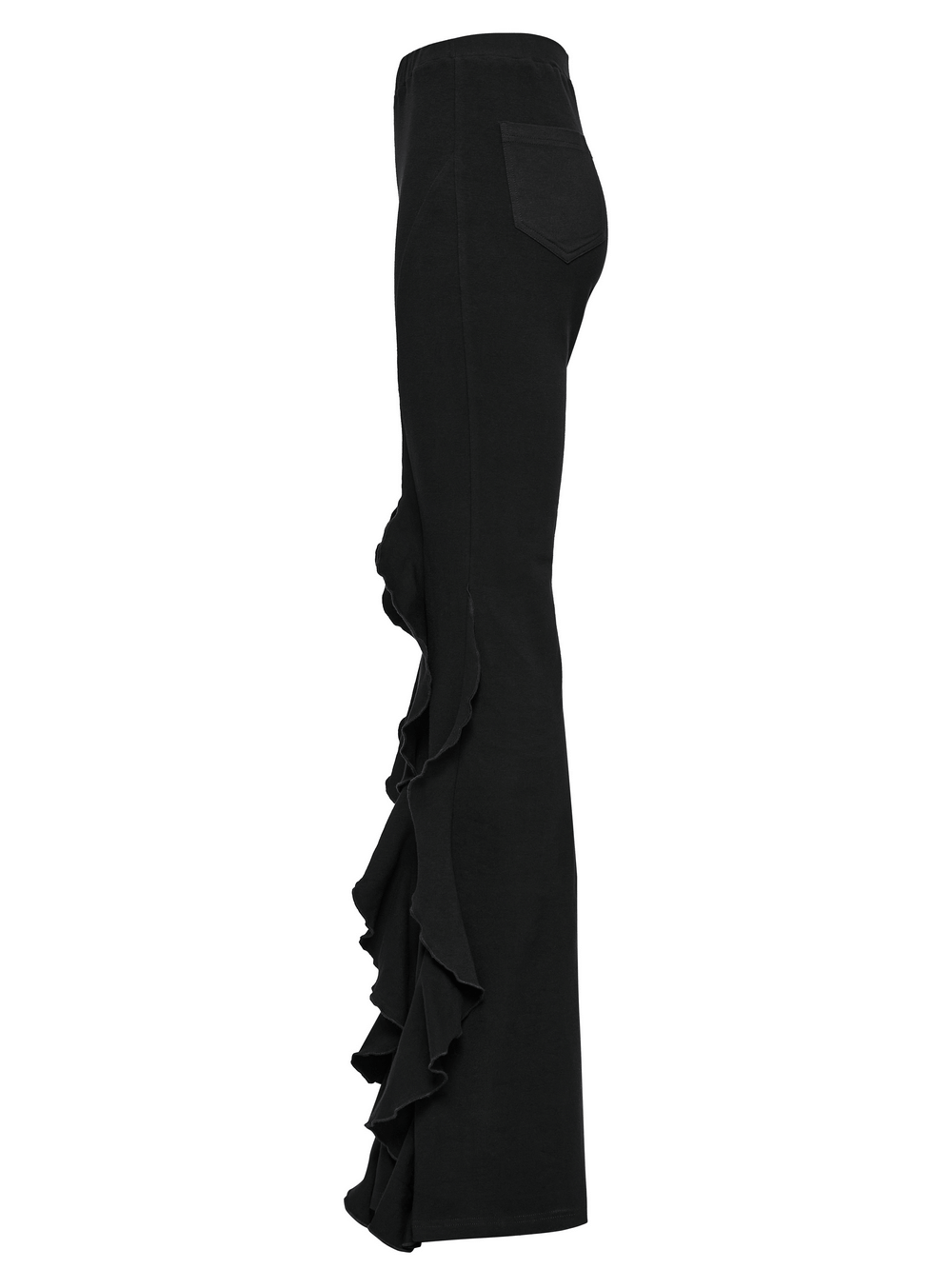 Side view of women's black flared pants with dramatic ruffle trim for a gothic style.