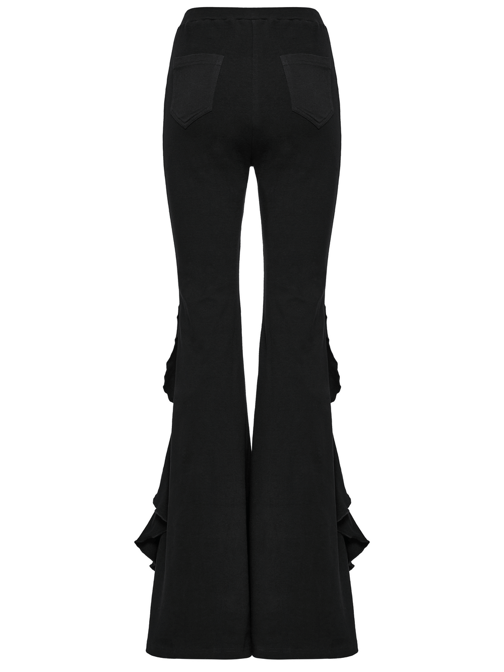 Women's black ruffle trim flare pants, gothic style, showcasing dramatic ruffled edges and flared legs from the back.