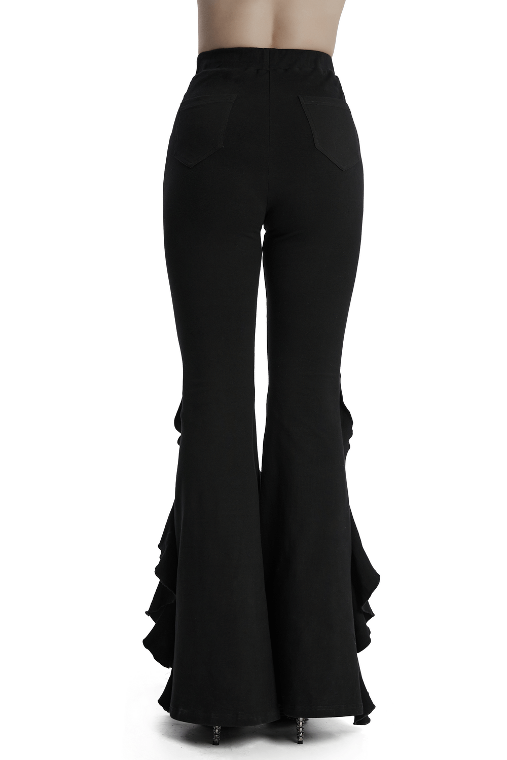 Back view of women's black ruffle trim flare pants, showcasing dramatic ruffles for a gothic style.