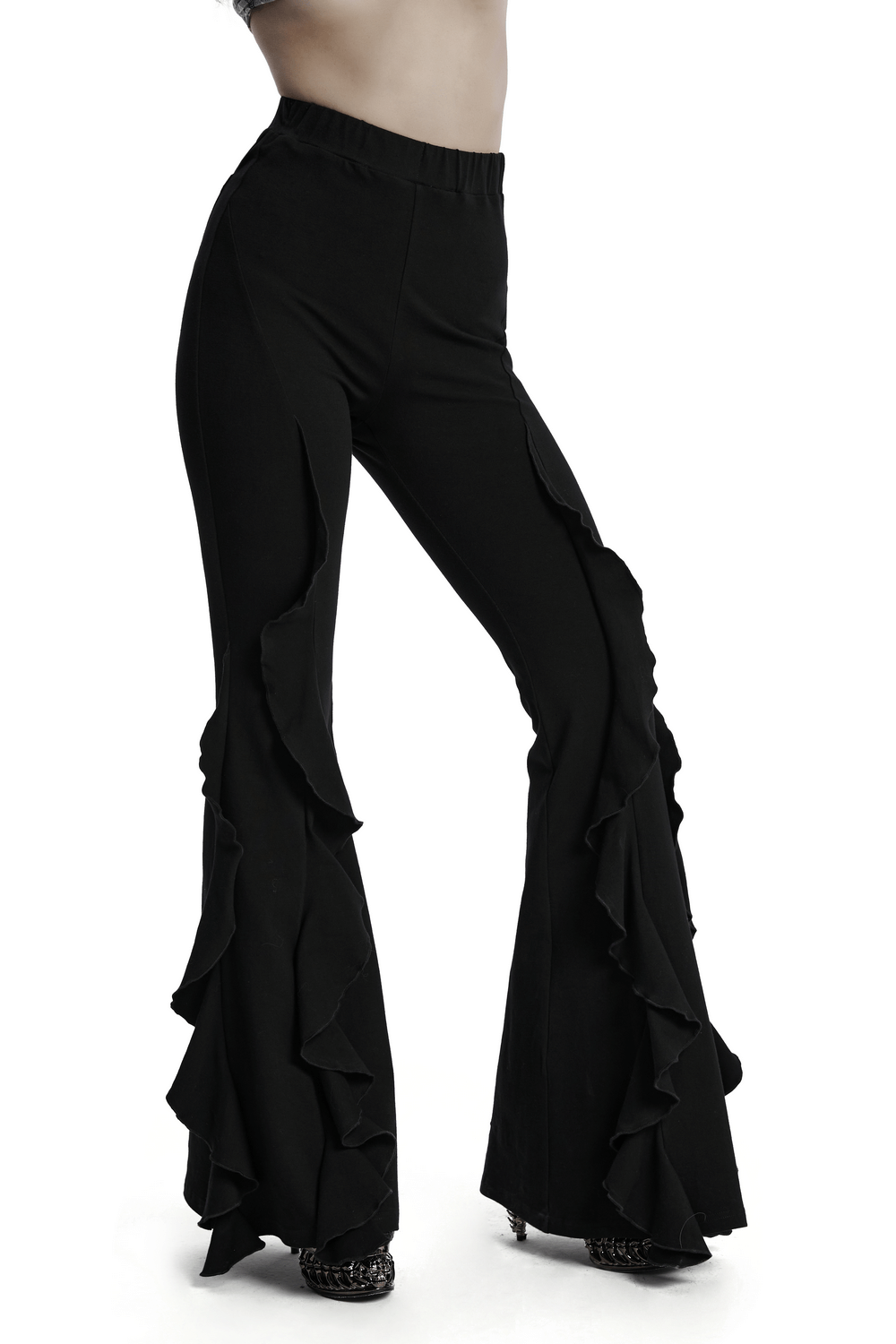 Women's black ruffle trim flare pants in Gothic style, featuring dramatic ruffles for a retro flair.