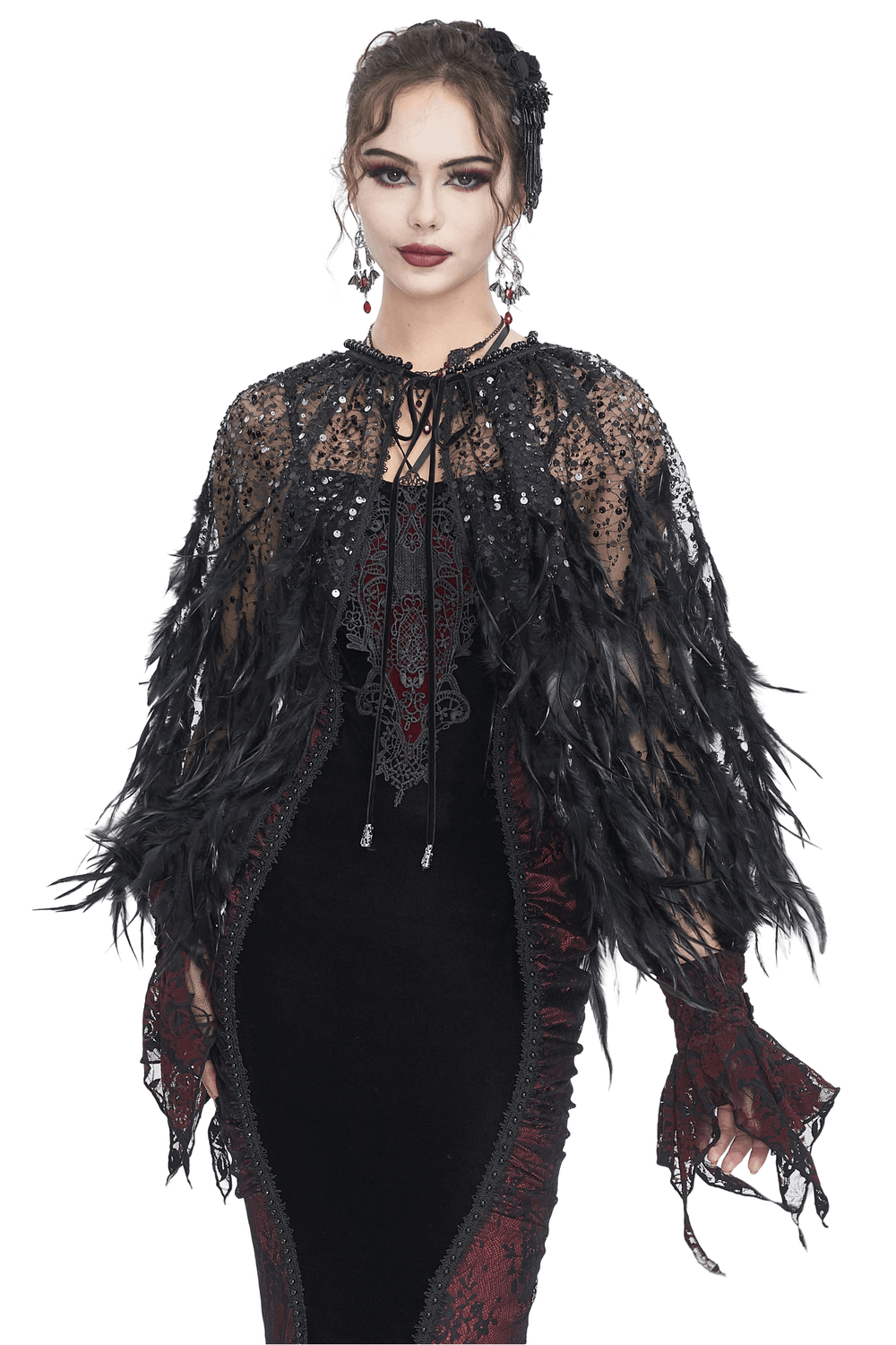 Women's Black Sequin Cape with Real Feather Trim