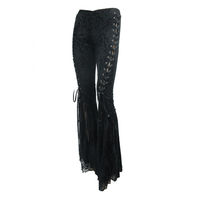 Womens black lace flare pants with vintage lace-up design, perfect for Gothic style outfits.