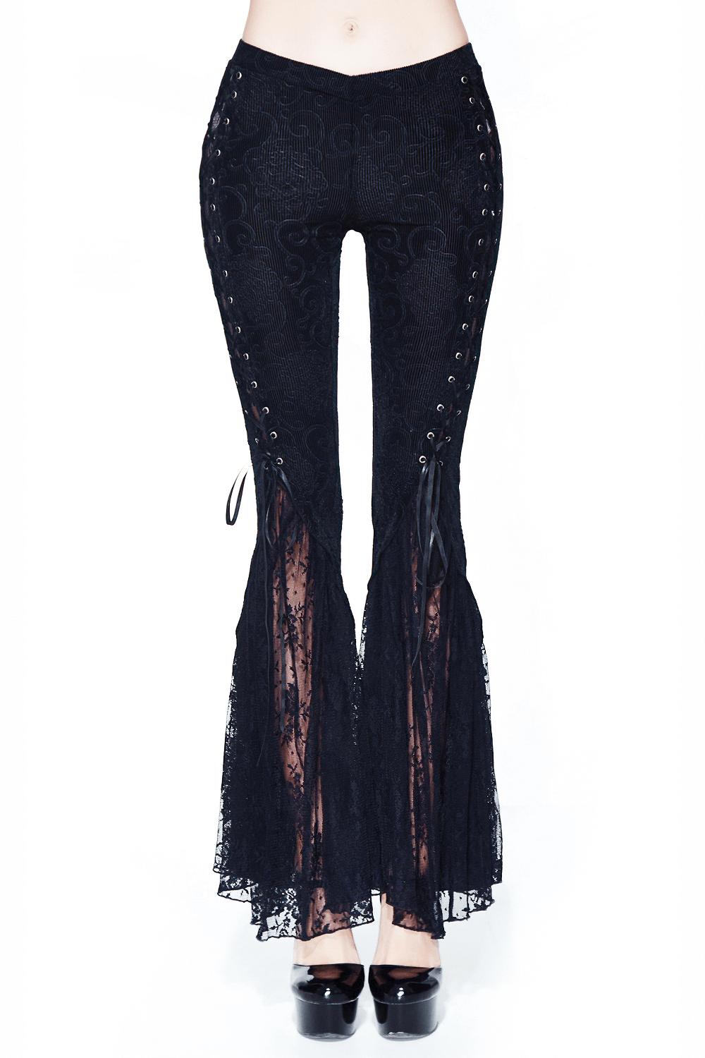 Womens black lace flare pants with vintage lace-up details, perfect for Gothic style fashion.