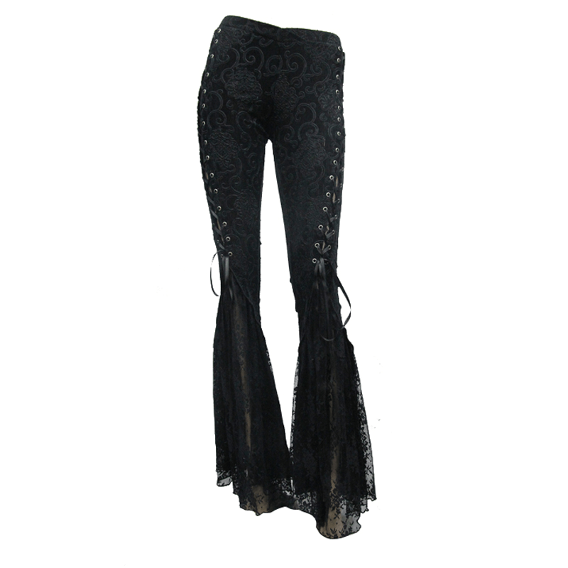 Womens black lace flare pants with vintage lace-up and Gothic style, featuring elegant lace inserts.
