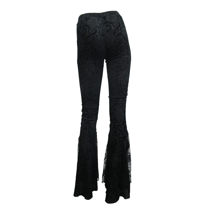 Womens black lace flare pants with elegant lace inserts in a Gothic style from the back view.