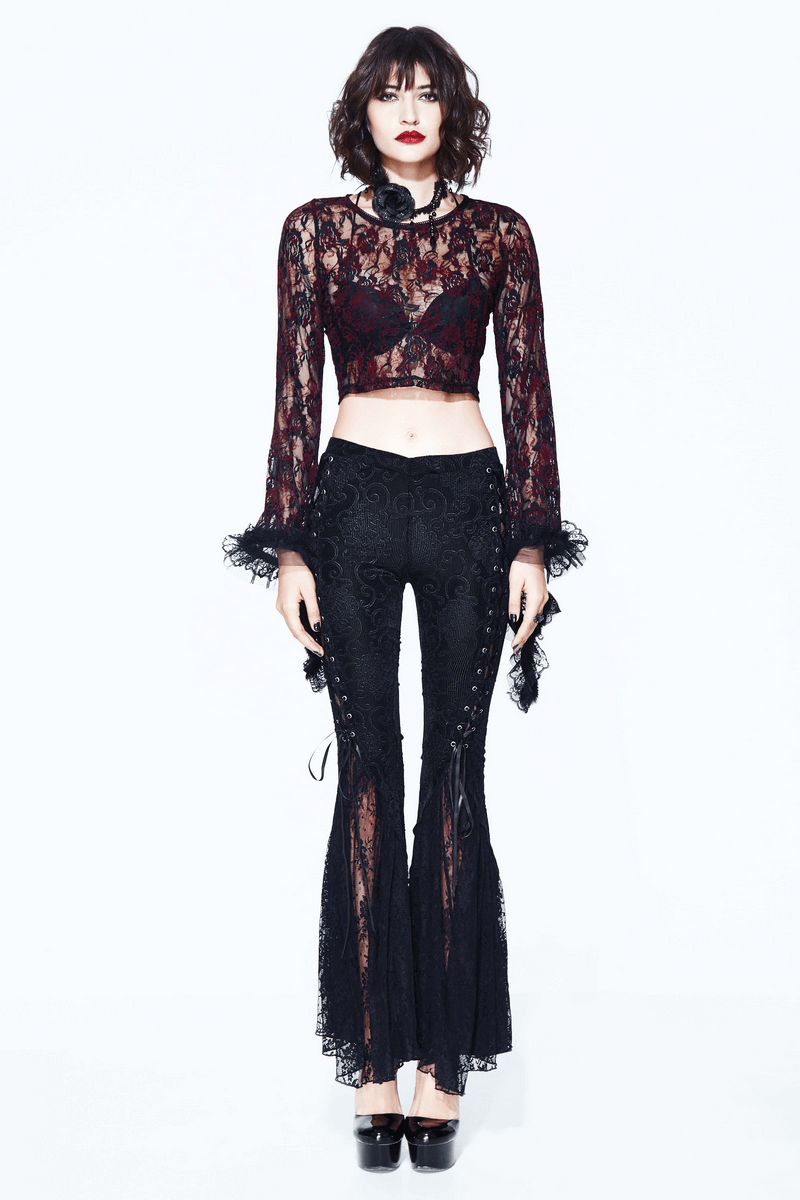 Womens black lace flare pants with vintage gothic style, paired with a lace top for a sexy look.