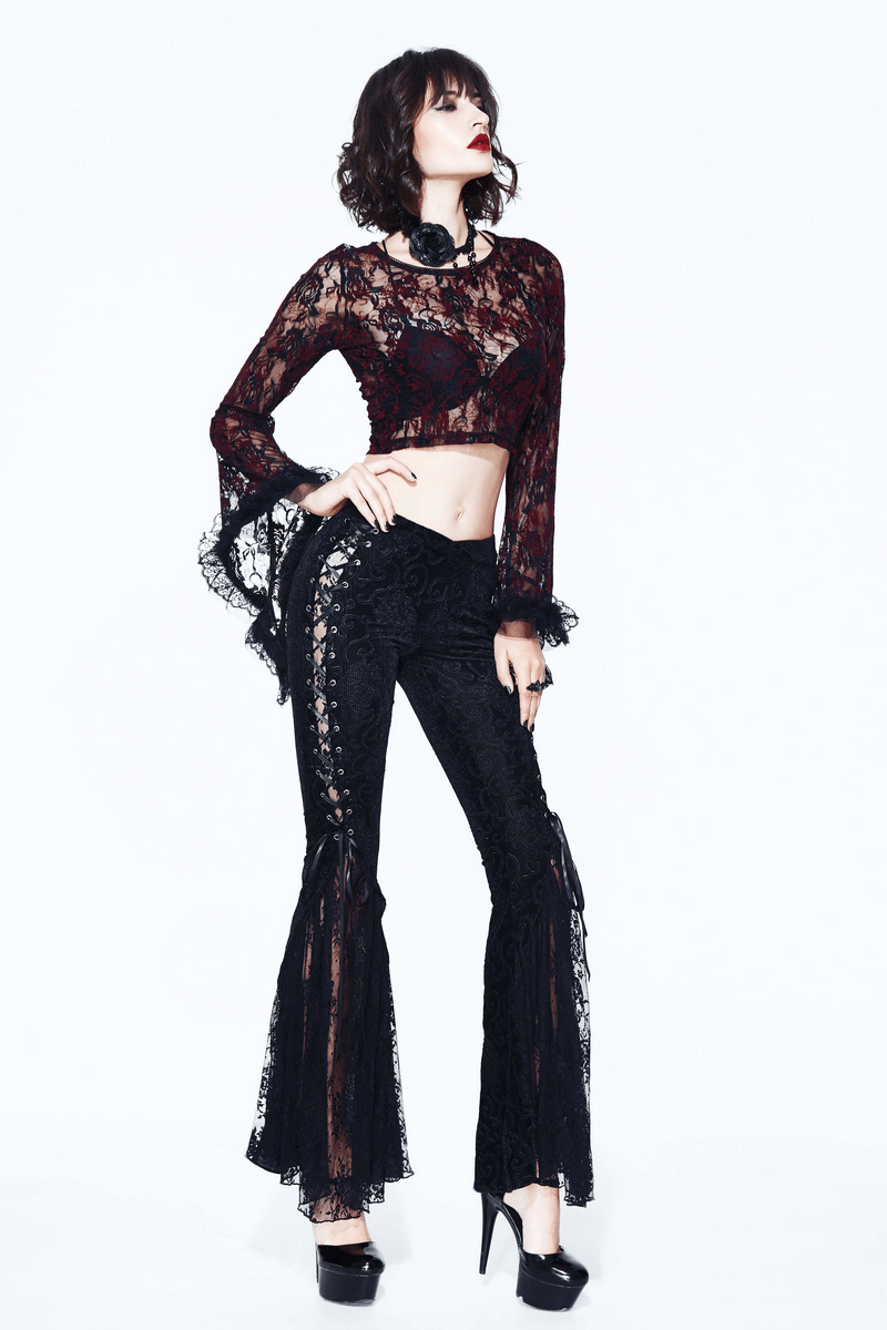 Women's Gothic lace flare pants paired with a stylish lace top, showcasing a vintage and elegant look in black.