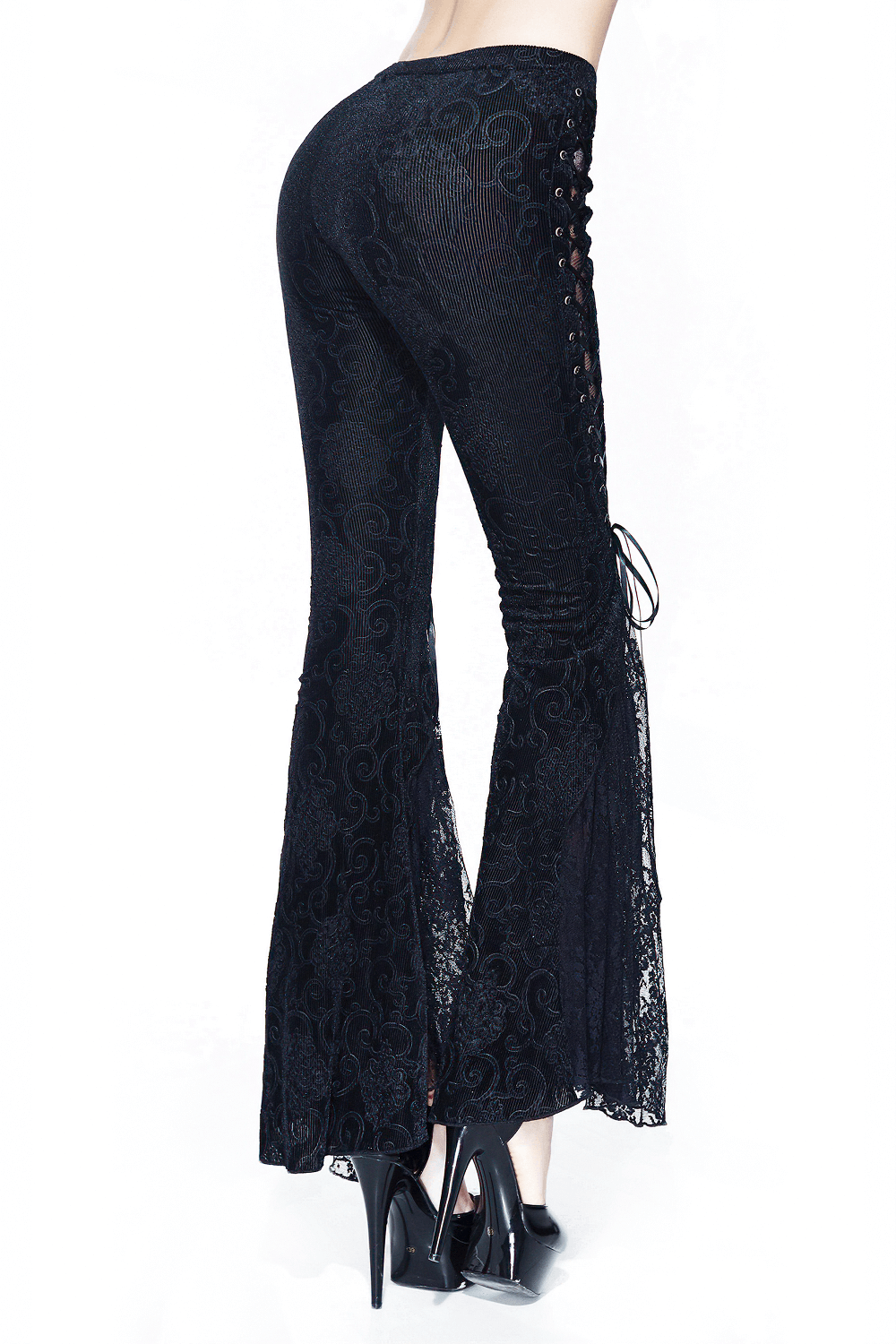 Womens black lace flare pants with lace-up details, perfect for gothic style and vintage fashion lovers.