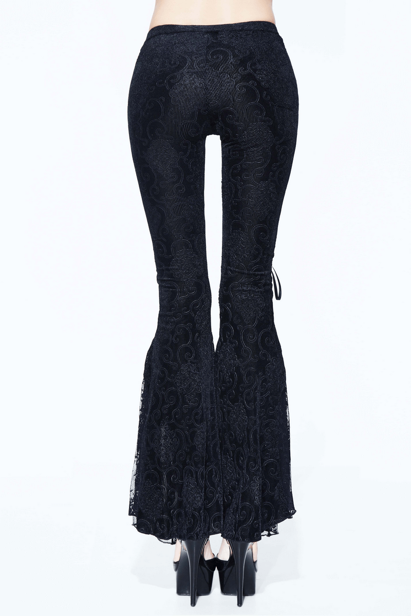 Womens black lace flare pants showcasing elegant Gothic style with flared cut and lace inserts
