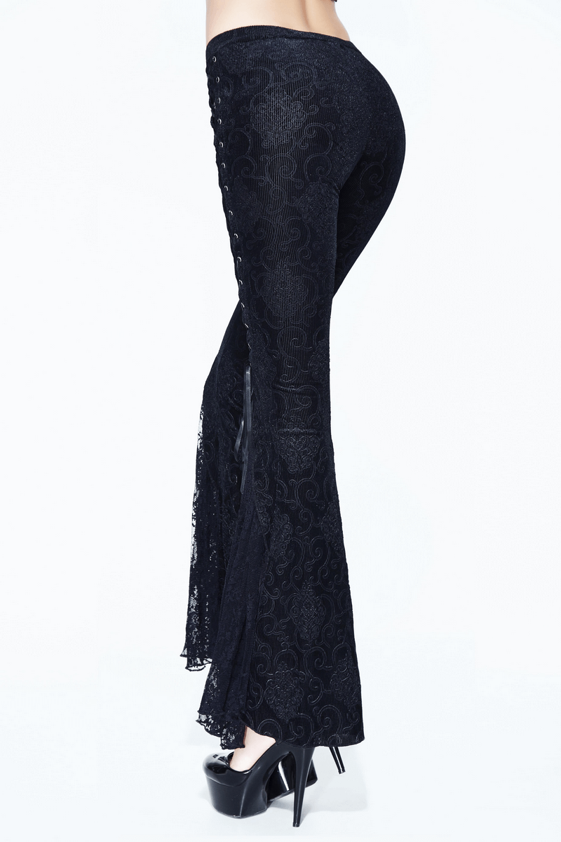 Womens black lace flare pants showcasing vintage Gothic style with elegant lace inserts and a flattering cut.