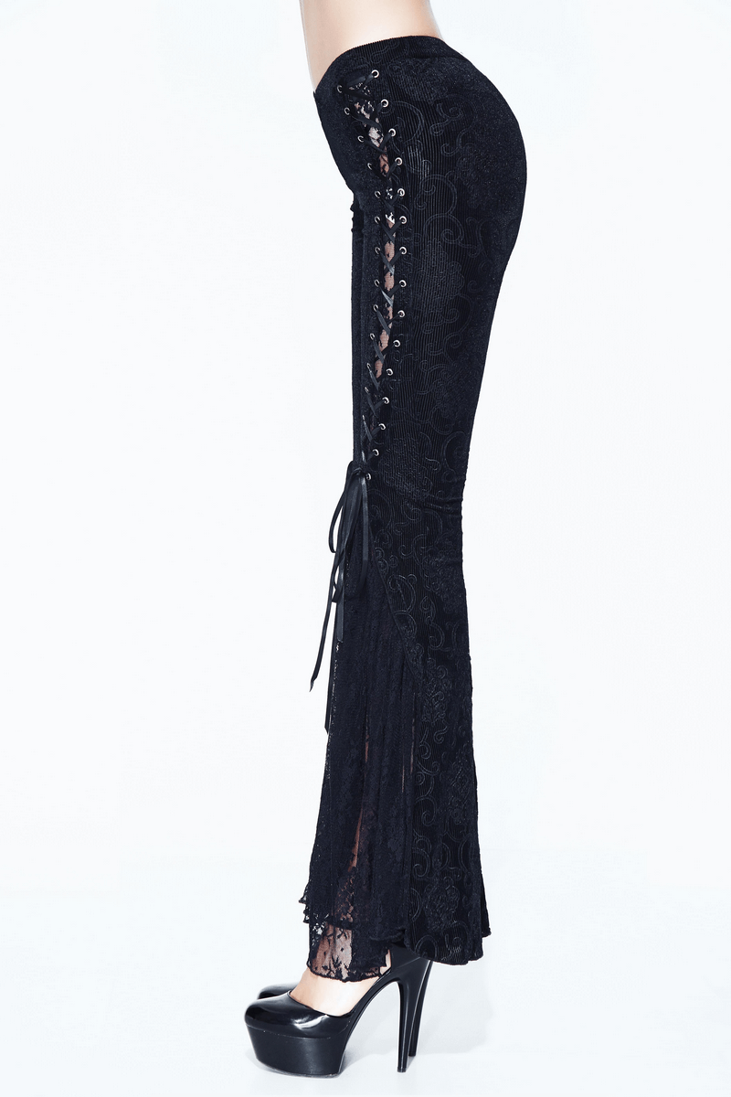 Womens black lace flare pants with lace-up details and a gothic style, perfect for a sexy vintage look.