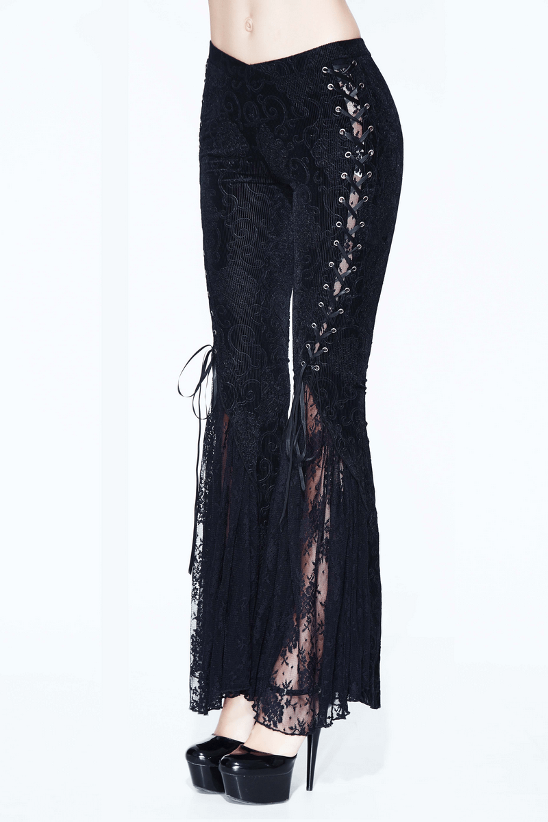 Women's black lace flare pants with vintage lace-up design, perfect for gothic style outfits.