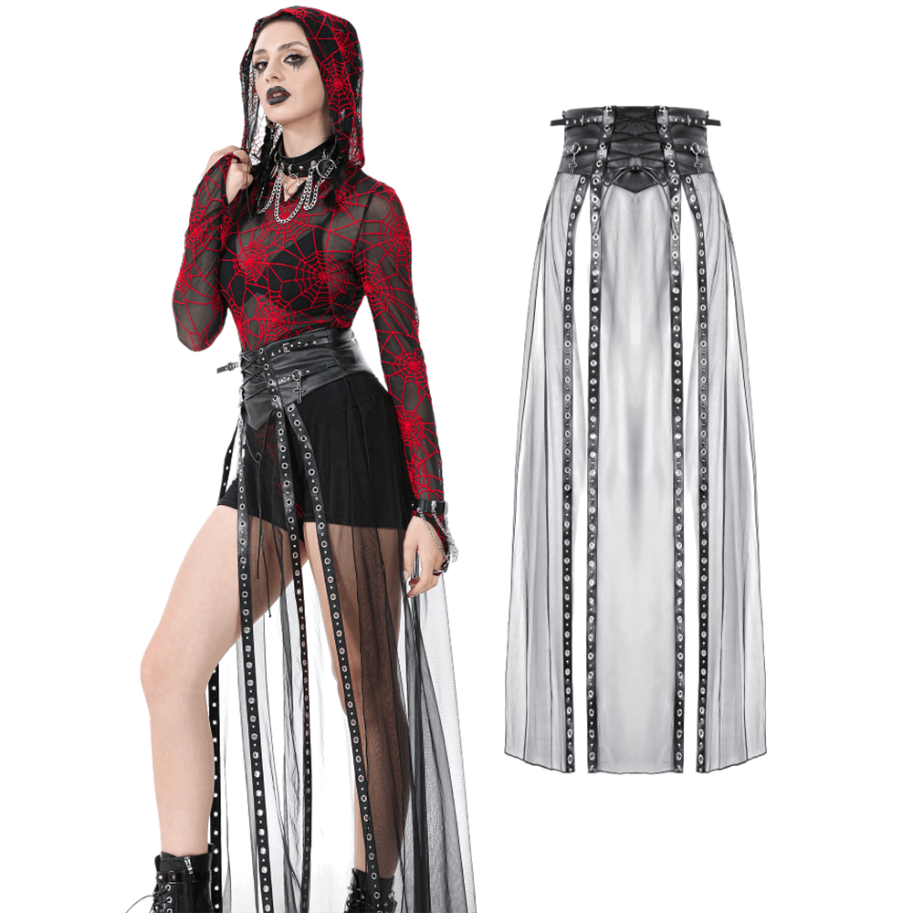 Gothic sheer maxi skirt featuring lace-up waist and stud details, styled with a spiderweb hoodie for a dramatic look.