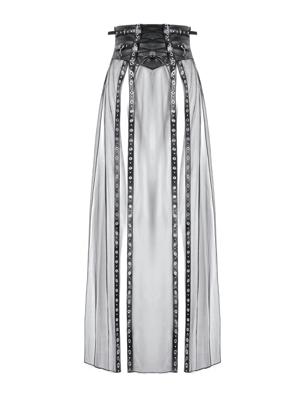 Women's black sheer maxi skirt with stud details and lace-up waist for a gothic, edgy look.