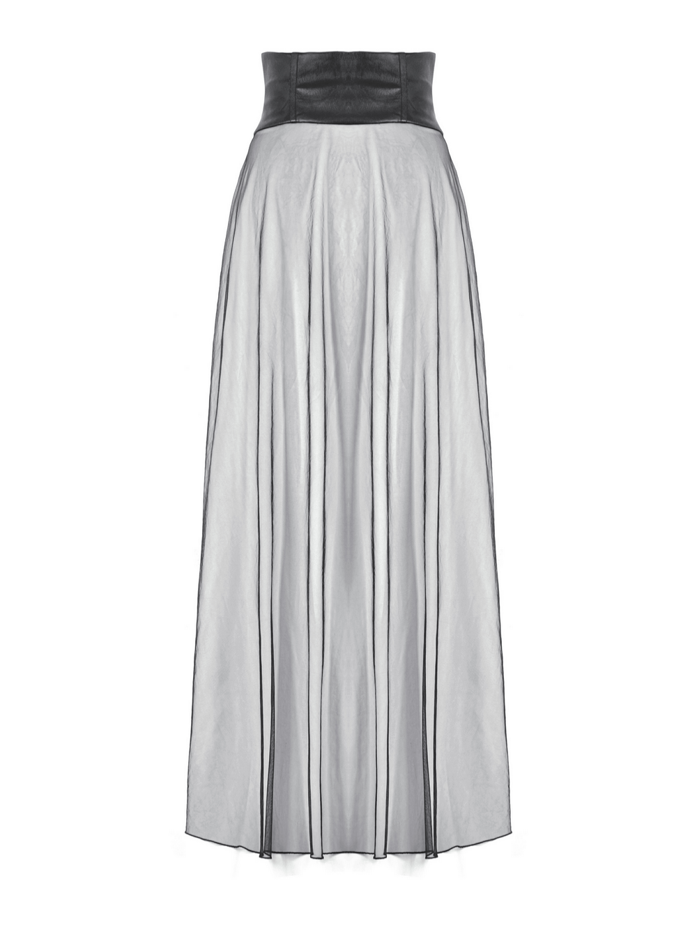 Women's black sheer maxi skirt with stud details and lace-up waist for a gothic, edgy style.
