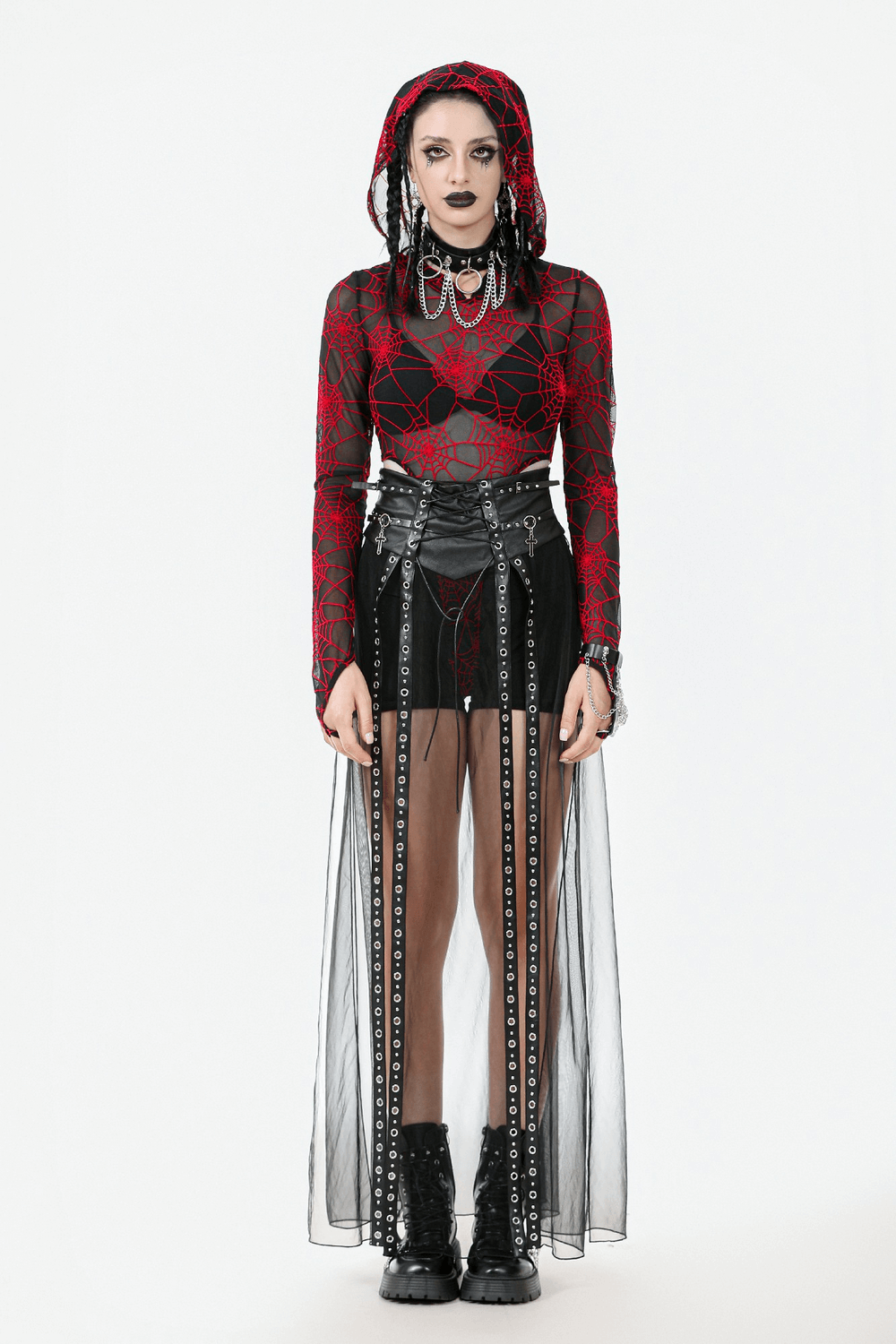 Gothic outfit featuring a black sheer maxi skirt with lace-up waist and stud details, paired with a red spider web top.