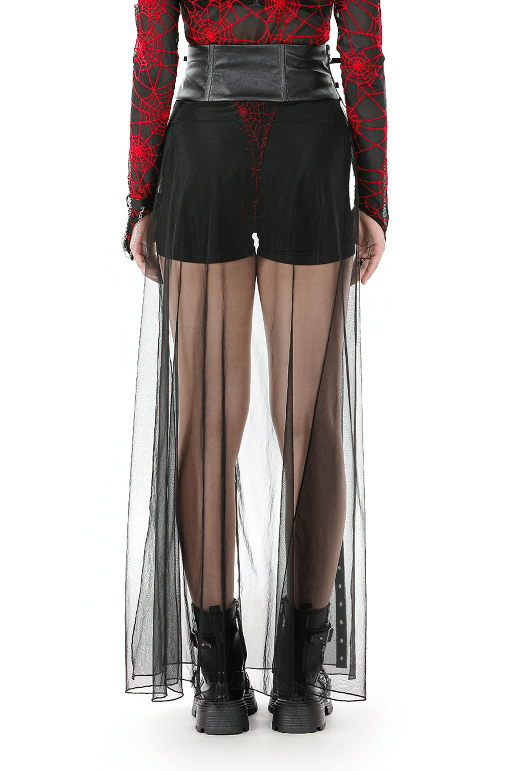 Back view of a gothic red spiderweb top with a faux leather waist and sheer fabric, perfect for edgy alternative fashion.