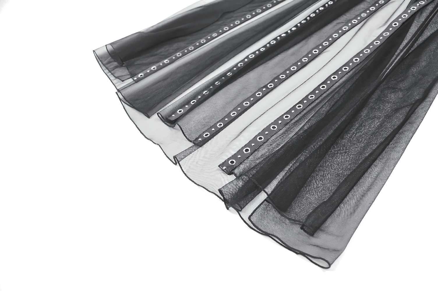 Women's black sheer maxi skirt with stud accents and lace-up waist, perfect for gothic-inspired fashion.