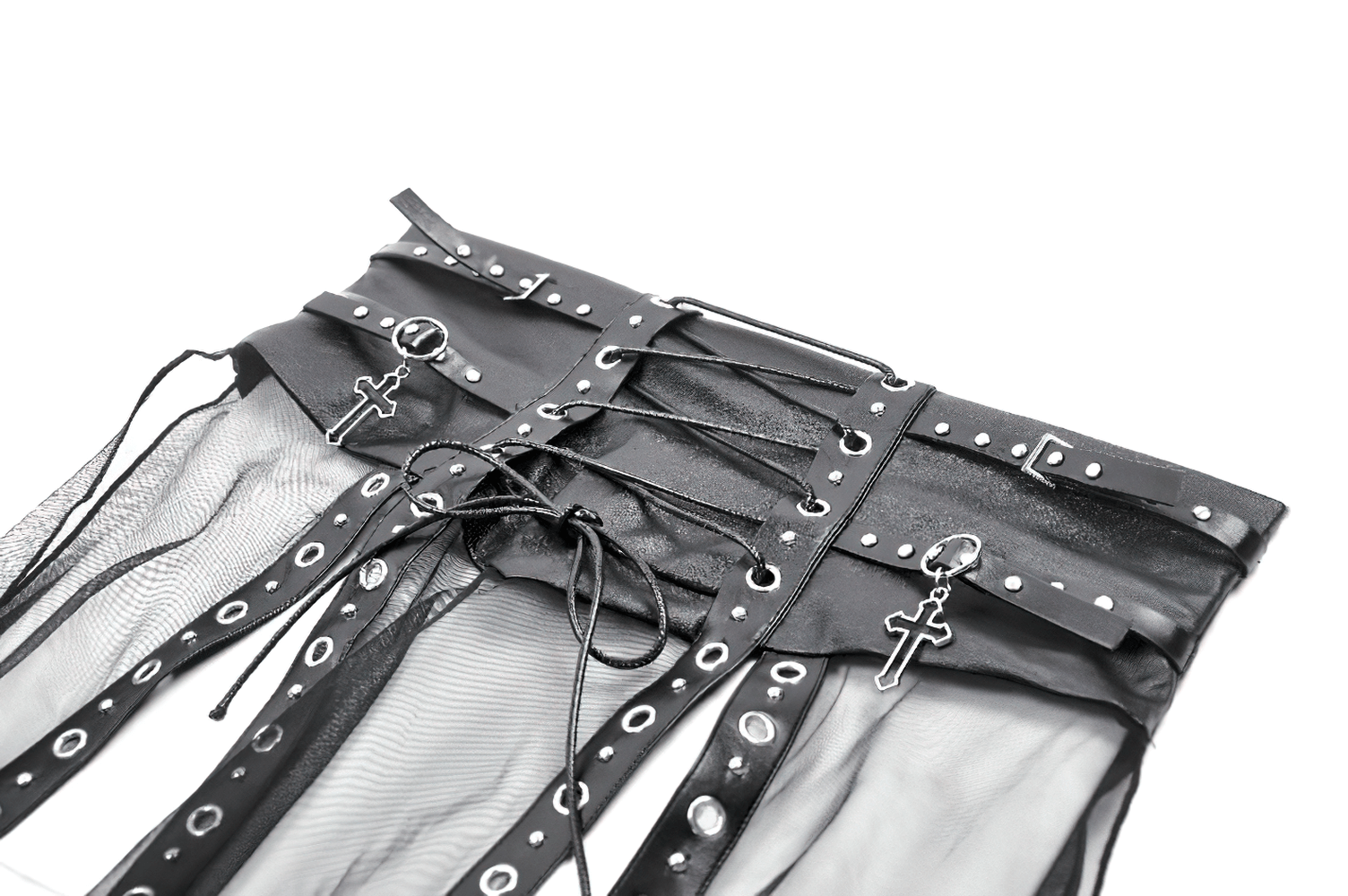 Close-up of a black lace-up skirt featuring stud details and cross accents, perfect for gothic fashion lovers.