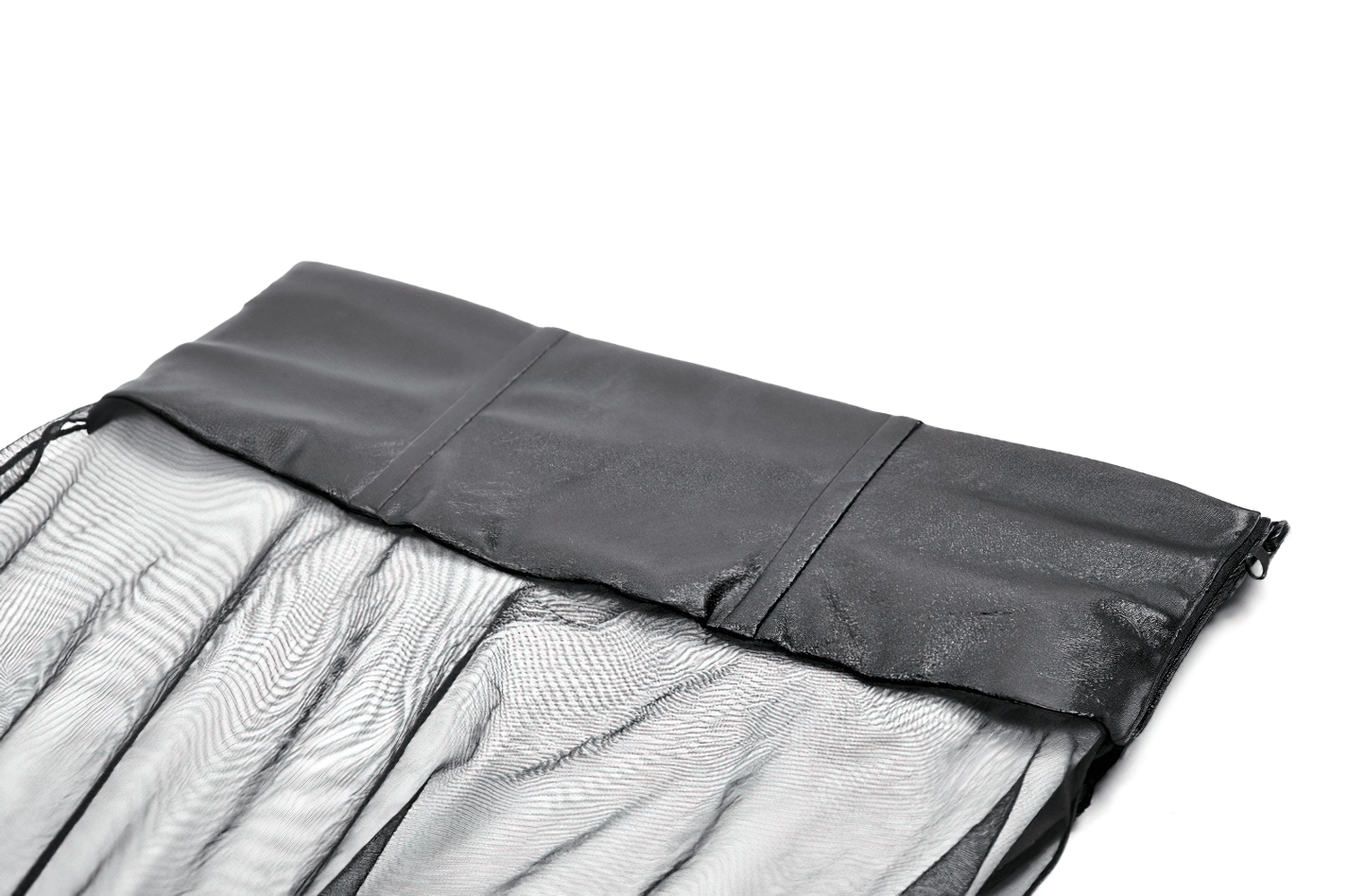 Close-up of the black sheer maxi skirt's faux leather waistband and flowing fabric, showcasing gothic-inspired design.