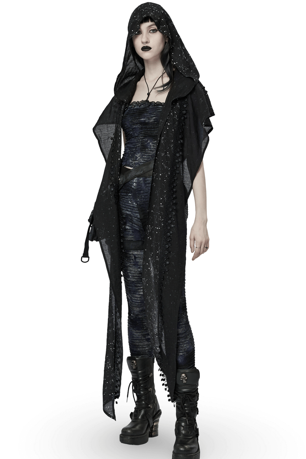 Model showcasing a women's black starry night hooded cape with tassel lace details, perfect for gothic or witchy styles.