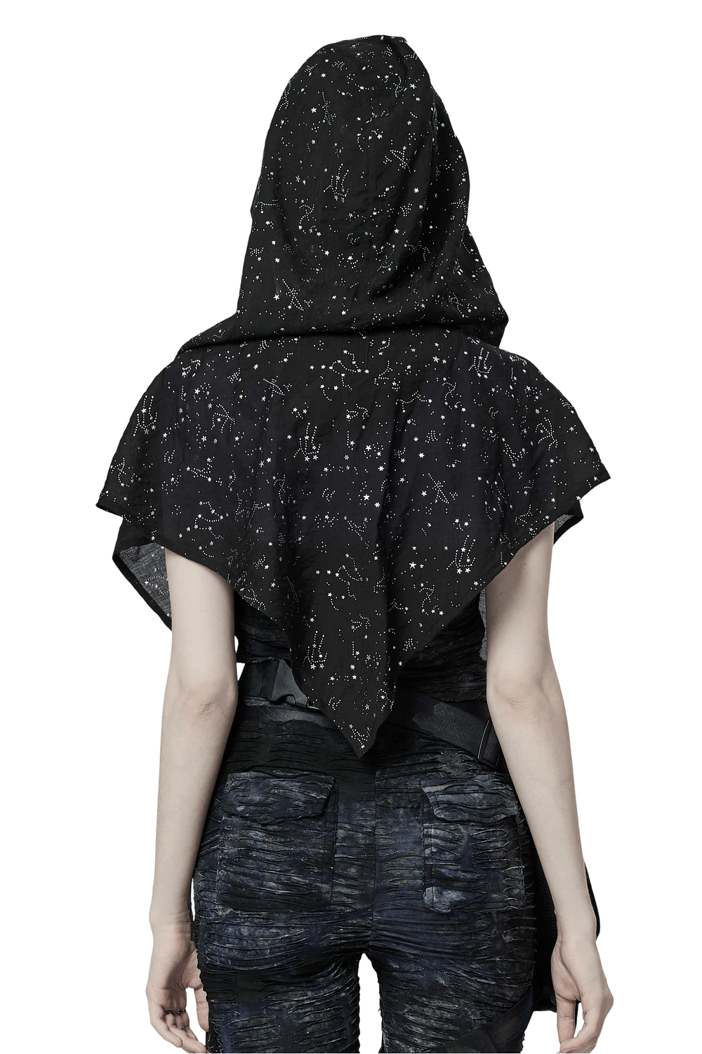 Back view of a women's black hooded cape with starry night constellation print and tassel lace details.