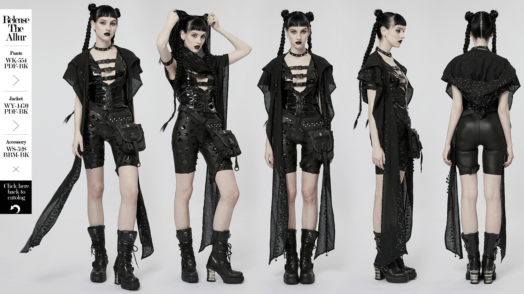 Model showcasing gothic black outfit with layered cape, lace-up top, and stylish accessories from various angles.