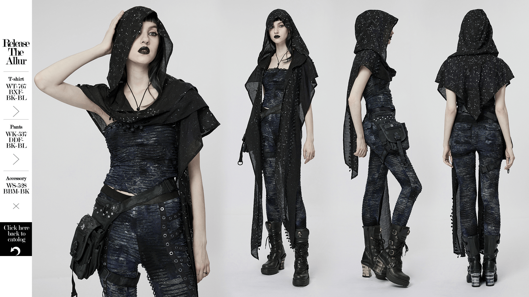 Women's black hooded cape with tassel lace details, featuring a starry night constellation design.