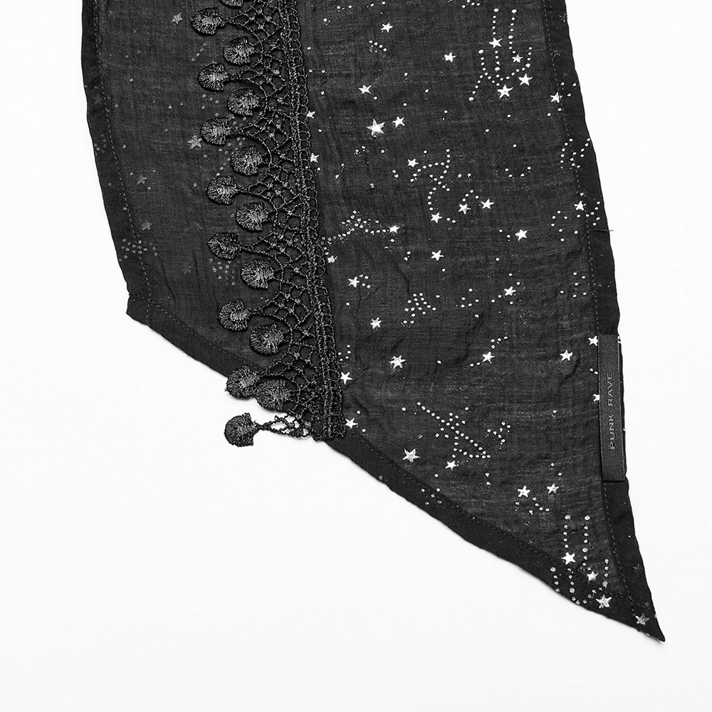 Women's black hooded scarf with starry night constellation print and tassel lace details.