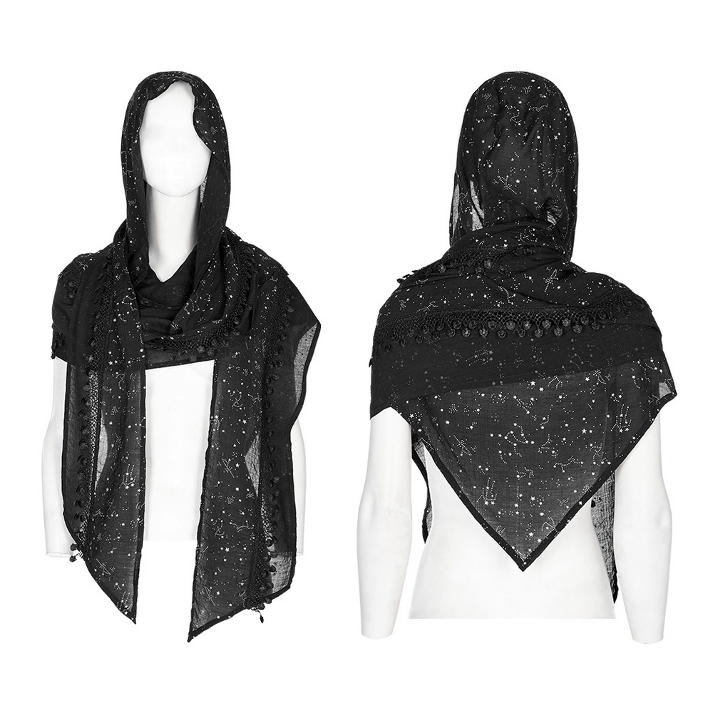 Women's black starry night hooded cape with tassel lace, featuring a unique celestial design in soft fabric.