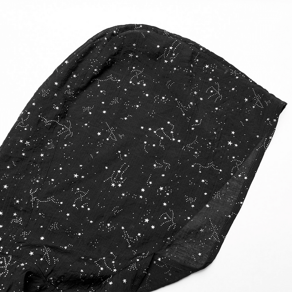 Women's black constellation hooded cape featuring a starry night design and tassel lace details.