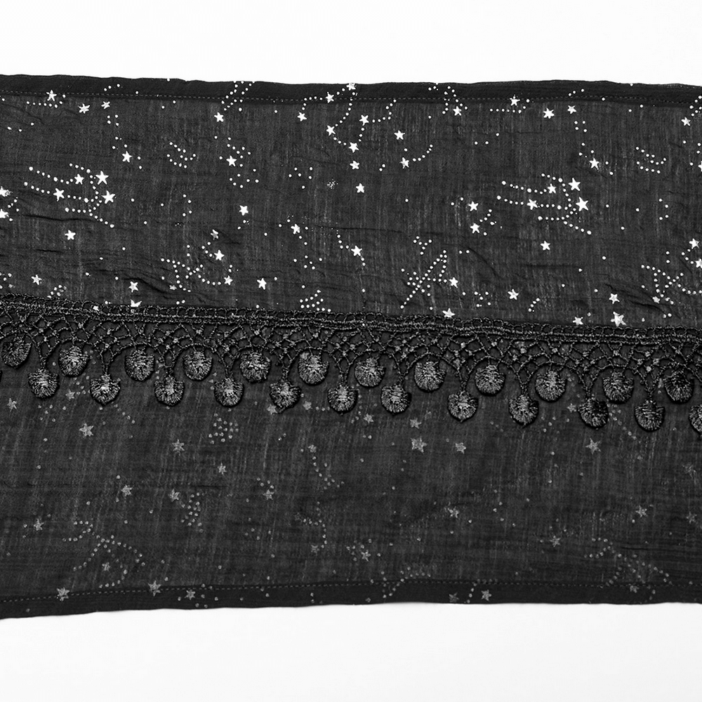 Women's black hooded cape featuring starry constellation pattern and lace tassel details.