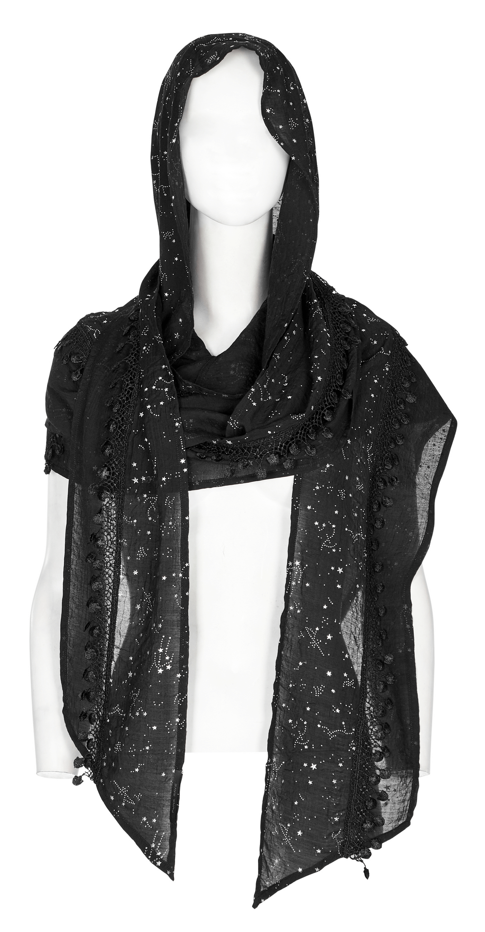 Women's black hooded scarf with starry night pattern and tassel lace details.