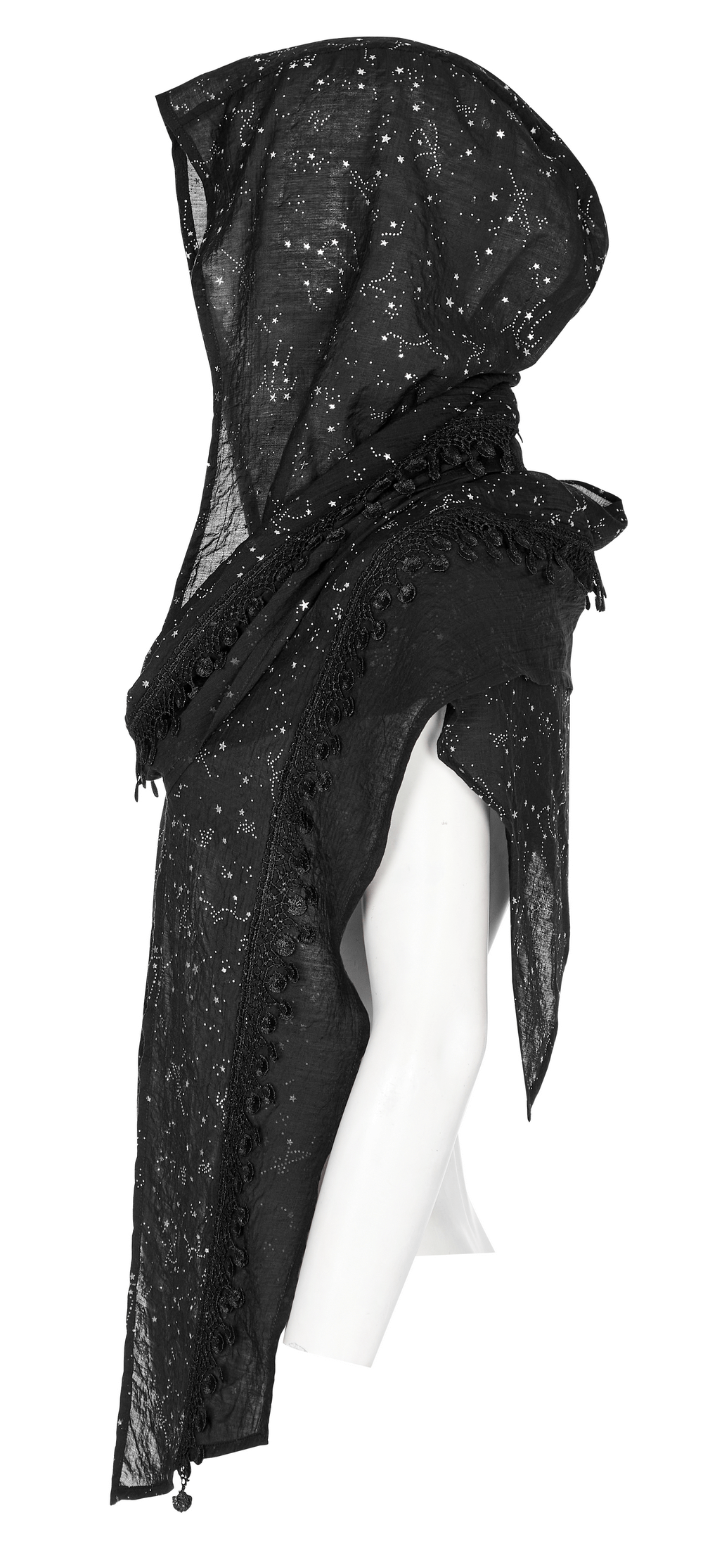 Women's black hooded constellation scarf with tassel lace details, perfect for a gothic or witchy look.