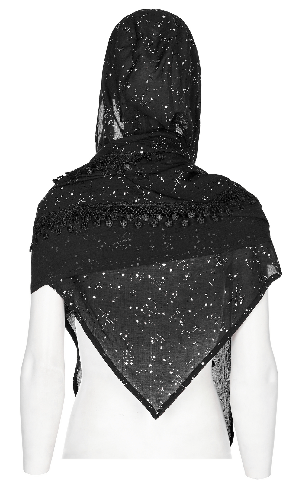 Back view of a women's black starry night hooded cape with constellation print and tassel lace details.