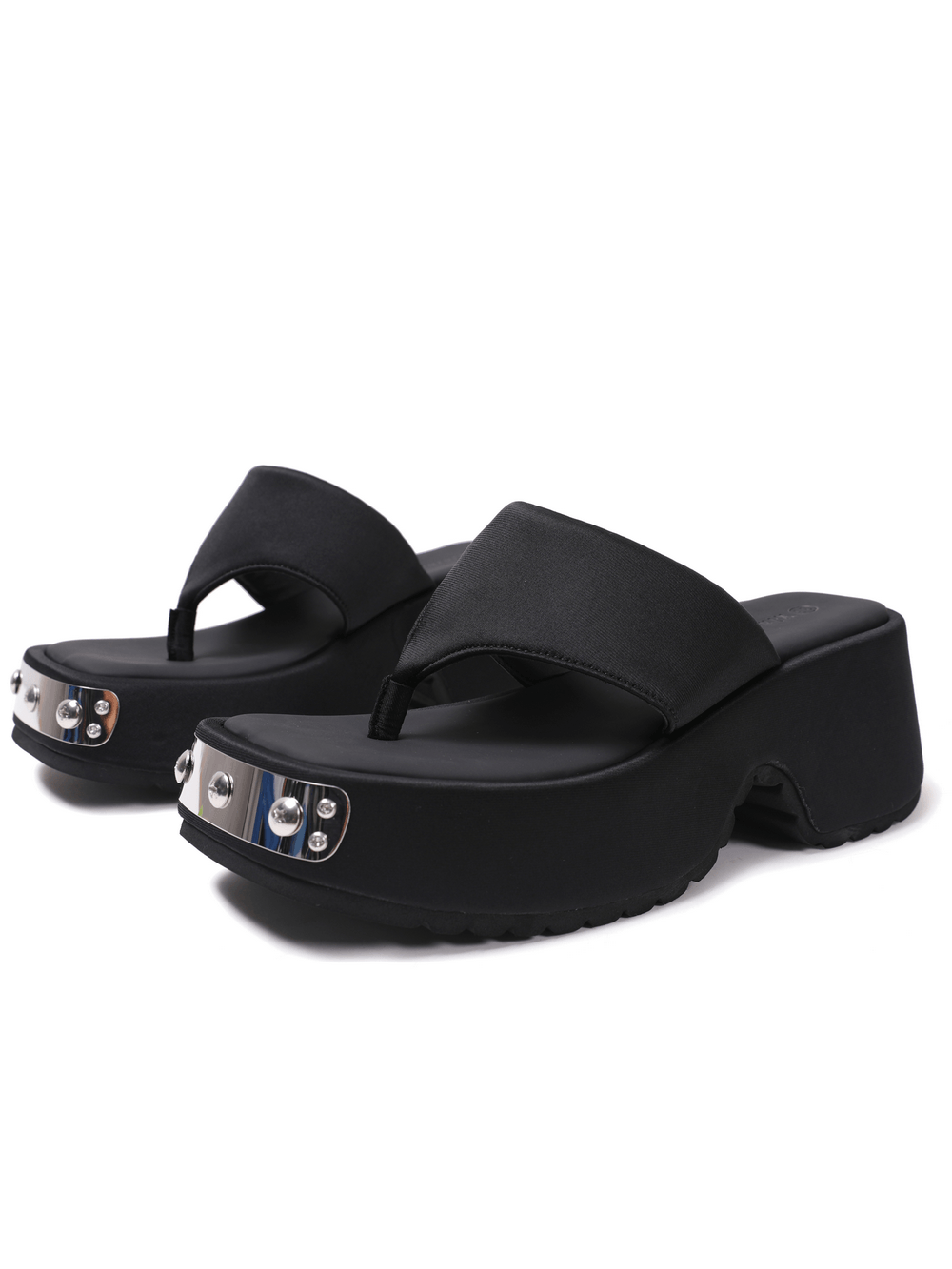 Women's Black Thong Sandals with Metal Toe Accents, chunky wedge flip-flops with studded silver front plate