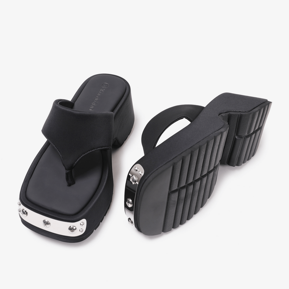 Women's Black Thong Sandals with Metal Toe Accents, chunky wedge flip-flops with silver studded front plate