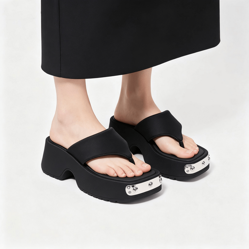 Women's Black Thong Sandals with Metal Toe Accents, chunky wedge flip-flops with studded silver plate