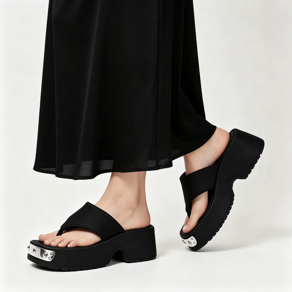 Women's Black Thong Sandals with Metal Toe Accents chunky wedge flip-flops with studded silver front plate