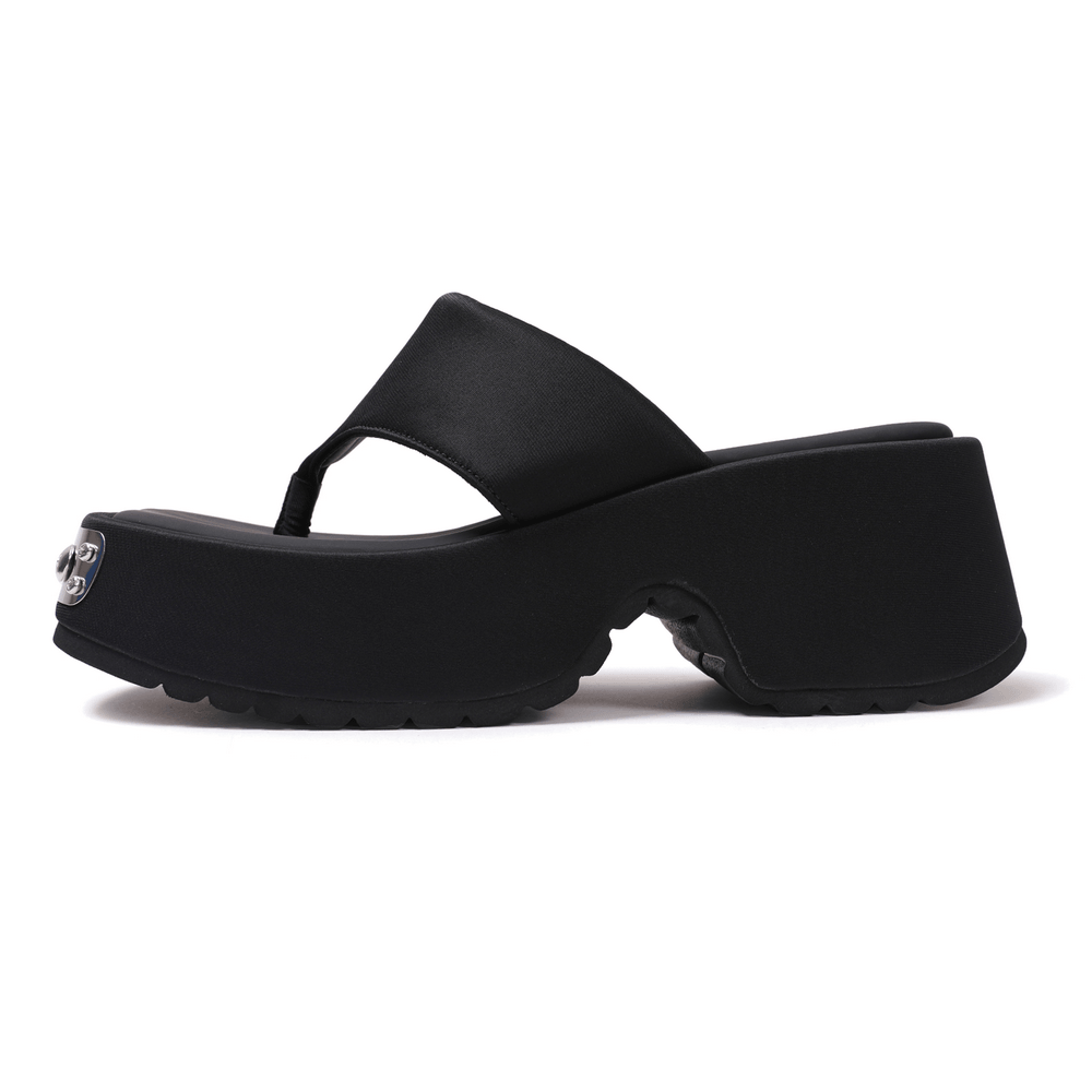 Women's Black Thong Sandals with Metal Toe Accents, chunky wedge platform with silver studded front plate