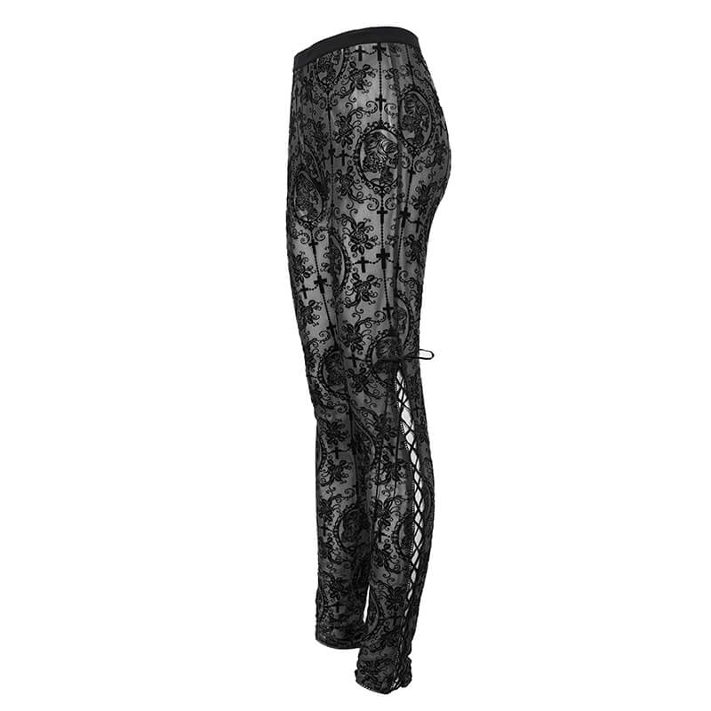 Elegant women's black transparent mesh leggings with lace-up details, perfect for creating stunning gothic outfits.