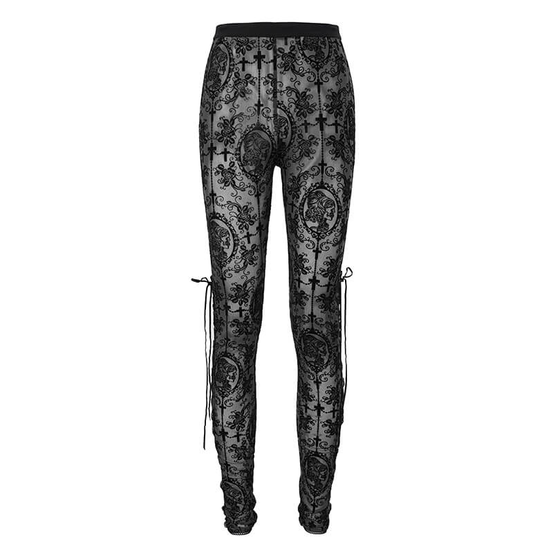 Elegant women's black transparent mesh leggings with lace-up sides and gothic patterns.