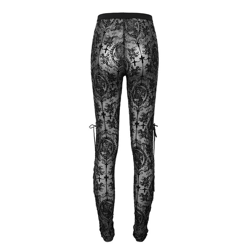 Women's black transparent mesh leggings with lace details and side ties, perfect for an elegant gothic look.