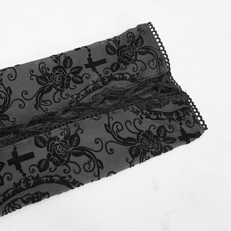 Elegant black mesh with floral lace details, perfect for Gothic-inspired outfits and seductive styling.