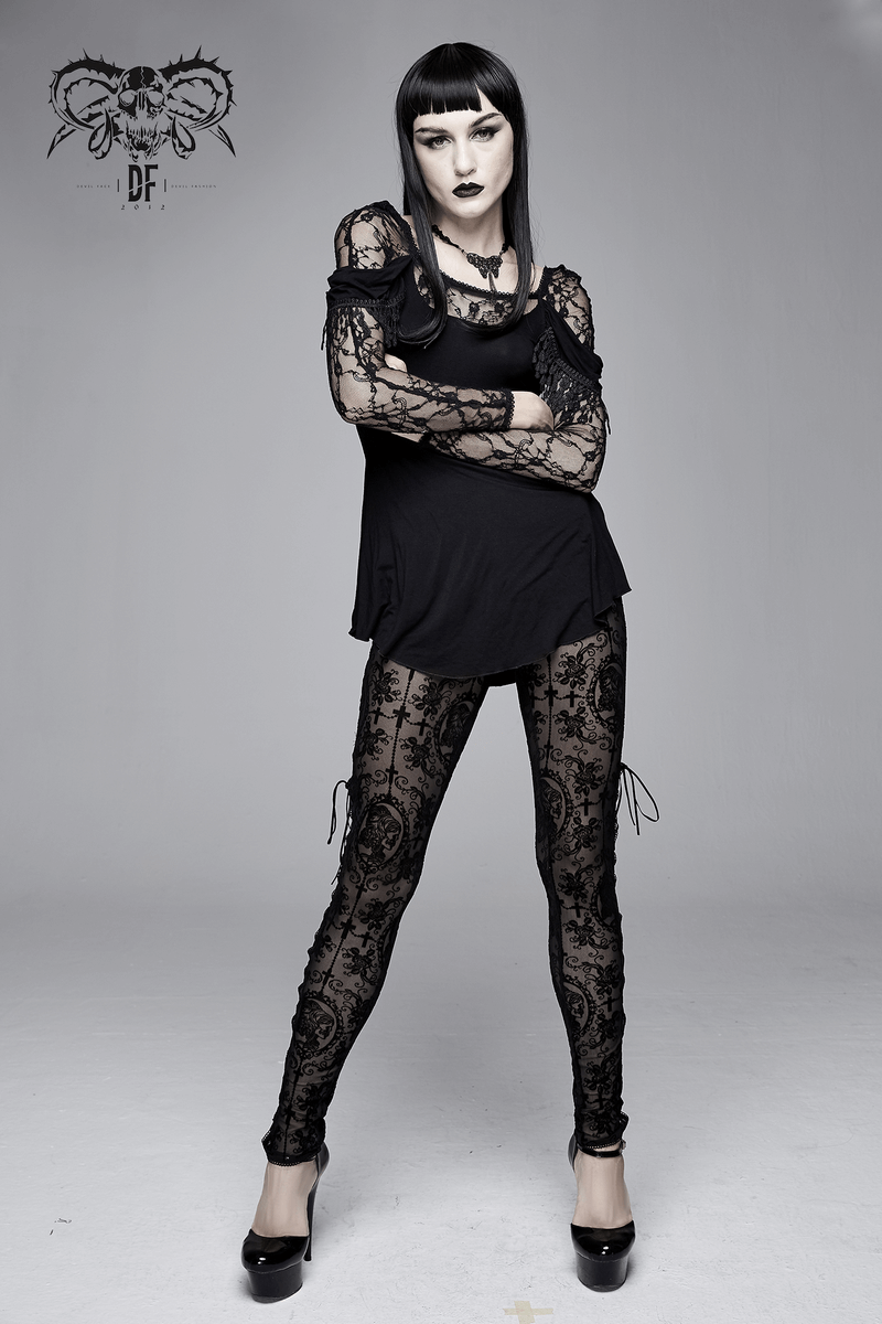 Stylish model in women's black transparent mesh leggings with lace, showcasing gothic elegance and high-waist design.