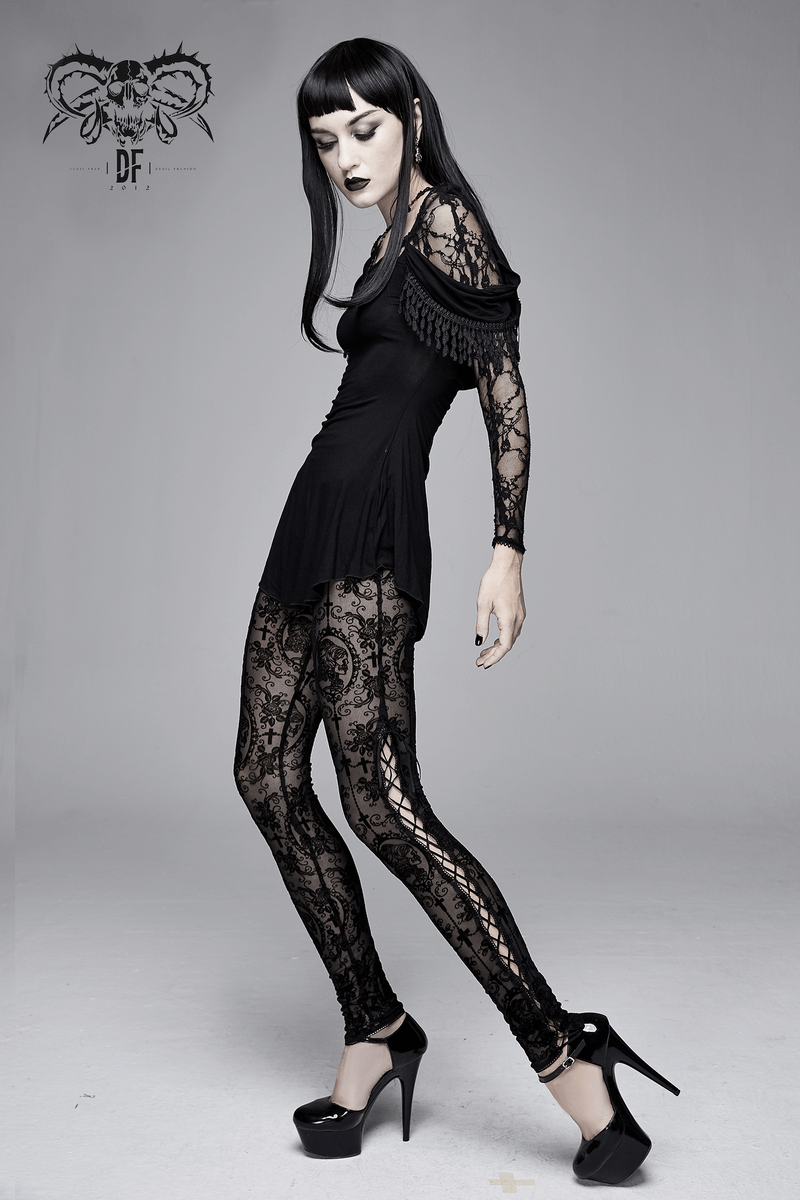 Stylish model in women's black transparent mesh leggings and trendy top, showcasing elegant gothic fashion.
