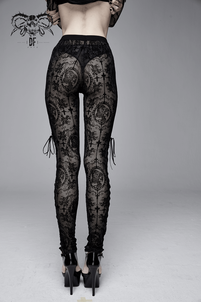 Elegant women's black transparent mesh leggings with lace-up details, perfect for Gothic fashion statements.